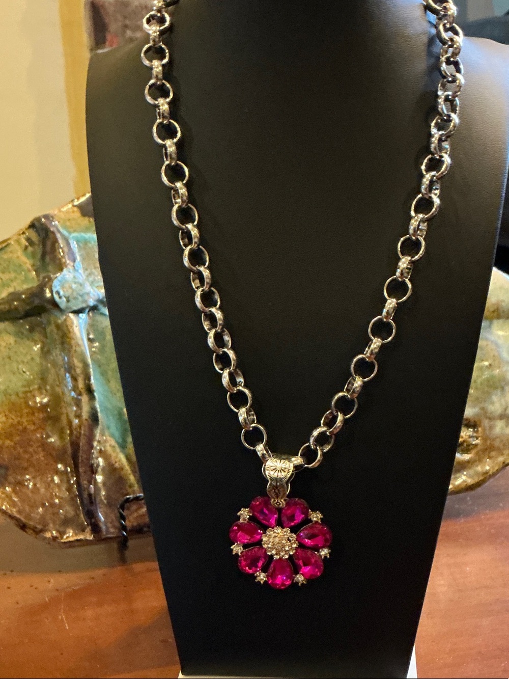 Gold-Tone Chain Necklace with Fuchsia Crystal Flower Pendant